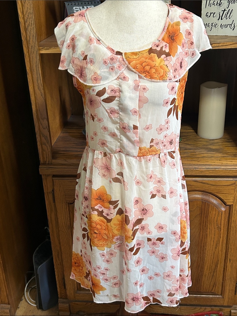 Natasha Couture White Midi Dress with Pink & Orange Floral Print Medium